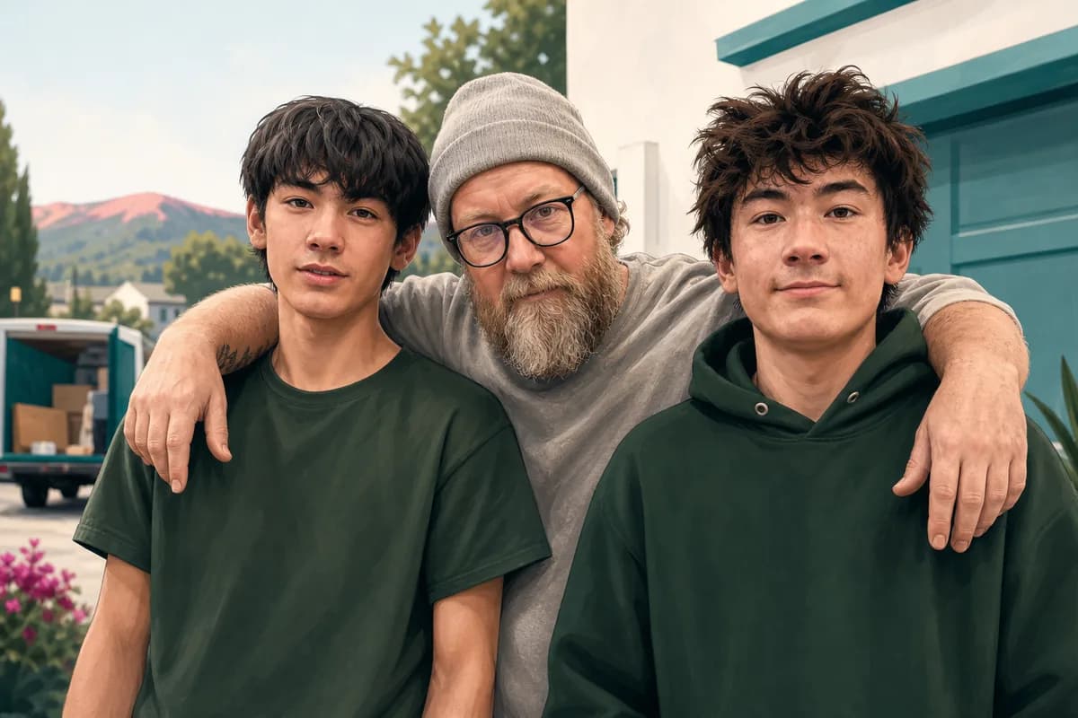 Stylized portrait of the East Bay Junk founder with his two sons.