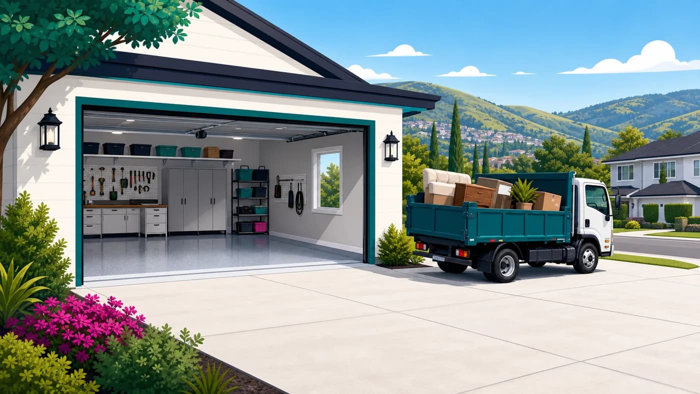 Clean garage and driveway after an East Bay junk removal pickup.