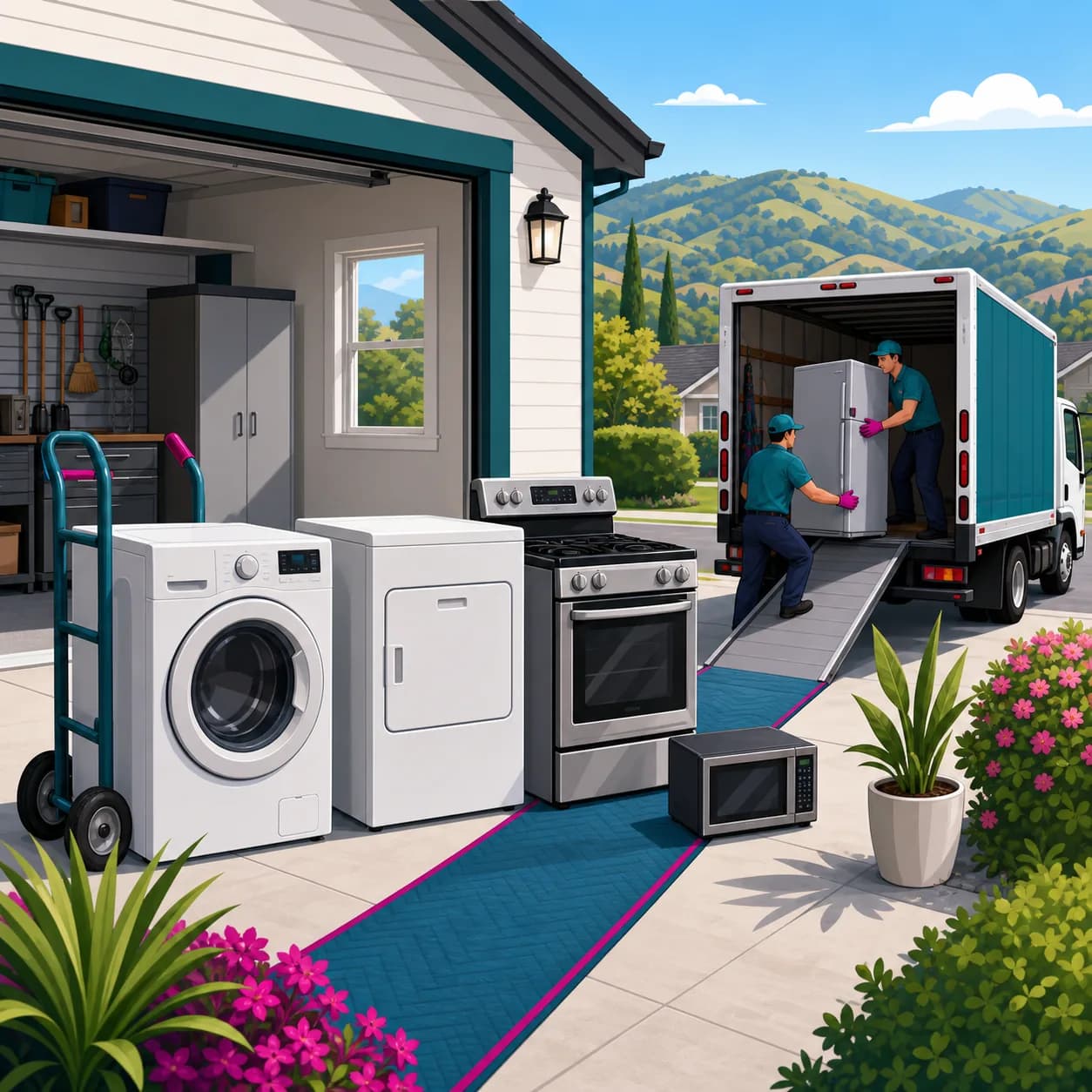 Household appliances staged safely for hauling pickup.