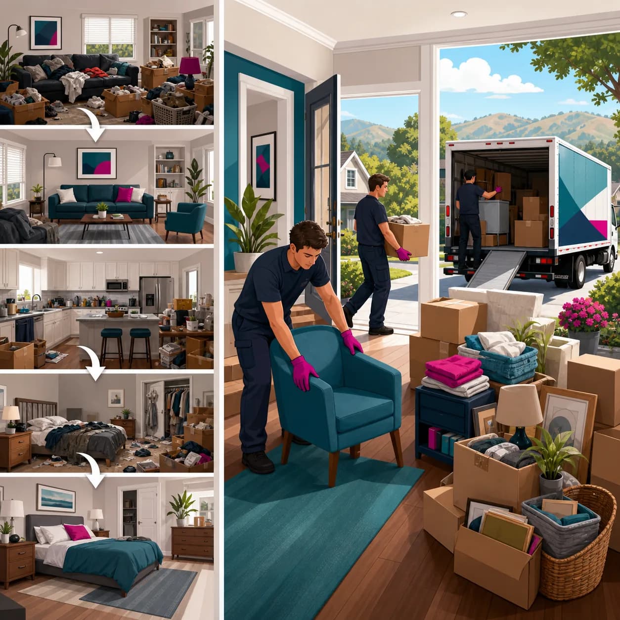 Full house cleanout with sorted items and cleared rooms.