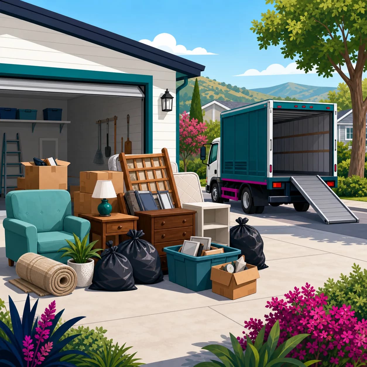 Mixed household junk staged beside a driveway for pickup.