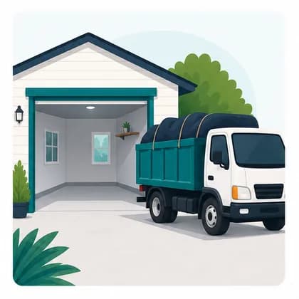 Hauling truck beside a cleared garage after pickup.